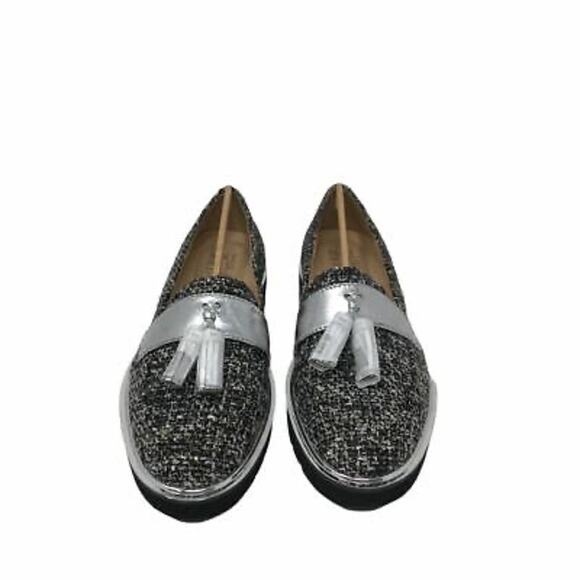 Naturalizer 11 M Women tweed loafer August tassel platform lug flat shoes silver - Picture 1 of 7